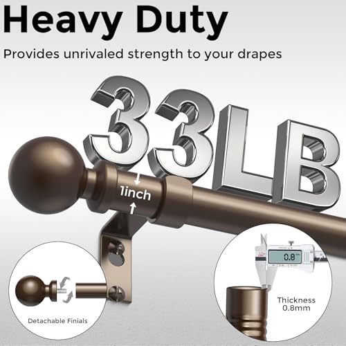 Bronze Long Curtain Rods for Windows 72 to 144 Inch, Adjustable Heavy Duty 1" Diameter Decorative Curtain Rod with Brown Round Finials, Modern Easy Install Extendable Metal Drapery Pole Set