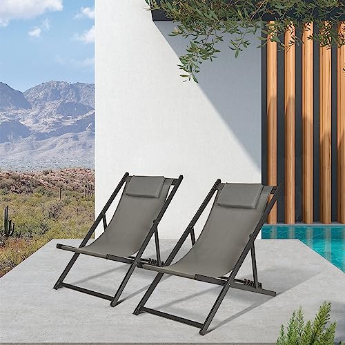 Purple Leaf Patio Sling Chairs Outdoor Portable Folding Adjustable Beach Chairs Polyester Fabric Aluminum Chair Set Of 2 With Cushioned Headrest, Grey #TOP17
