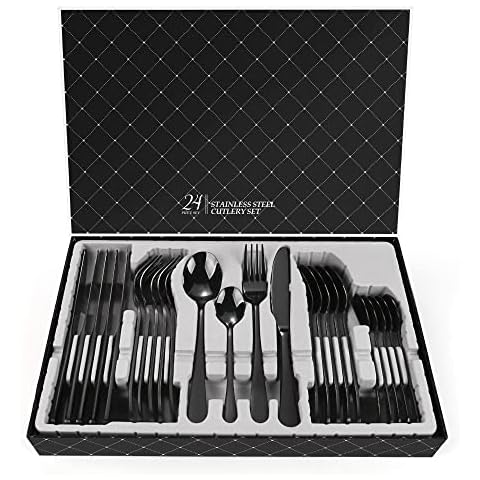 Schwarz Besteck Set, Besteck Set 6 Personen mit Messer Gabel Löffel Besteck 24-Teilig, Verdicktes Edelstahl Poliert Glänzend PVD Beschichtung spülmaschinenfest Besteck-Set Cover