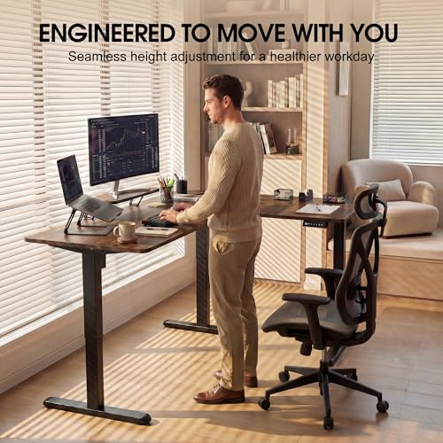 Image of Furmax 63 x 47 Inch L Shaped Standing Desk with 2 Preset Heights, Electric Height Adjustable Computer Desk, Corner Sit Stand Desk for Home Office, 2 Hooks & Feet Balance (Rustic Brown, 63 x 47 Inch)