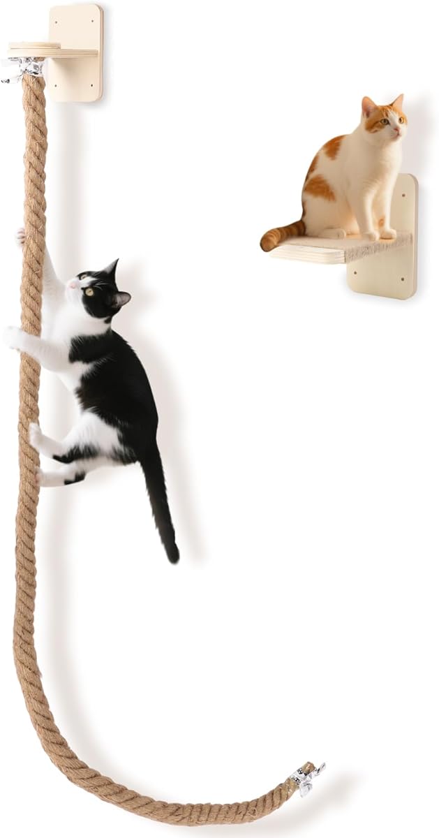 Cat Tree, Wall Mount Cat Tree, Cat Shelves for Wall with Climbing Rope, Cat Climbing Shelves Wall Mounted for Indoor Pet Activities, Adjustable Jumping Platform (6.6FT)