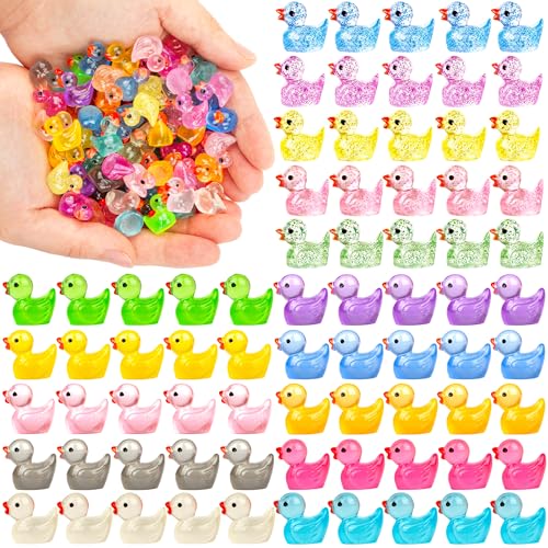 Image of FEXIA 100pcs Mini Ducks Glitter Resin Tiny Ducks Animals Figures to Hide Glow in the Dark Duck Figures for Dollhouse Aquarium Fairy Garden Decor