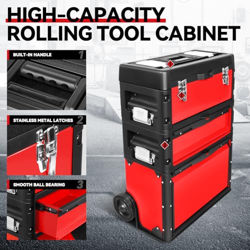 Image of Auto Dynasty Stackable Tool Box 3-Tier Tool Separate Organizer Rolling Tool Chest with Wheels 3-in-1 Upright Trolley for Garage or Workshop, Red