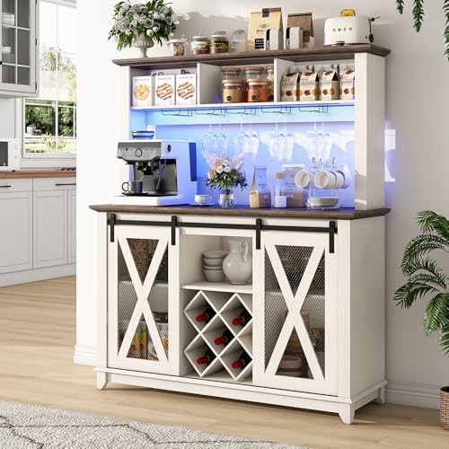 Image of 47 inchWide 56 inchH Farmhouse Coffee Bar Cabinet with Power Outlet and LED Light,Wine Bar Cabinet w /3 Storage Hutch,Kitchen Buffet Cabinet with 10 Wine and Glass Racks for Kitchen Dining Room(Antique White)
