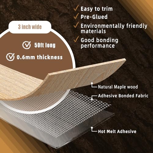Image of GSCIT Club Maple Edge Banding, 3 inch x 50ft Wood Edge Banding Pre-glued Flexible, Veneer Tape Banding for Cabinet Repair Furniture Restoration