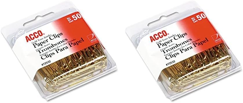 ACCO Clips para papel, Jumbo, liso, dorado, 50 clipscaja (72532) (paquete de 2)