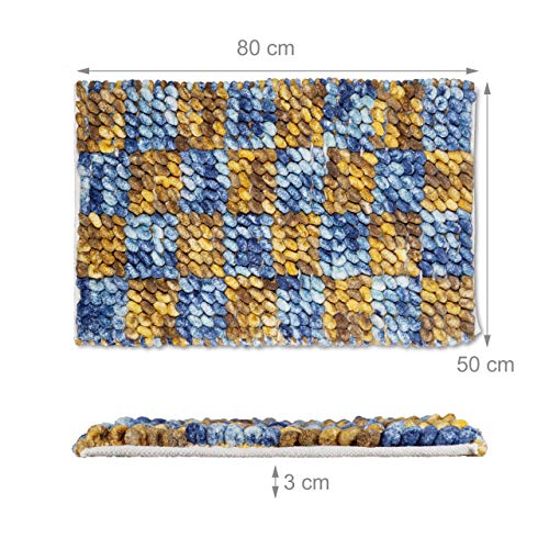Relaxdays POPPY Blue Chequered Bathmat, Soft Tall Bath Rug, Non-Slip Bathroom Mat, Hand-Woven, 50 x 80 cm, Blue-Yellow