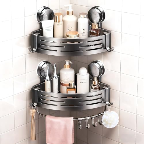 2Pcs Corner Shower Shelves,Caddy Suction Cup,Shampoo Holder,Bathroom Organizer Shower Storage with Towel Bar Hooks,No Drilling,Save Space,Rust-Resistant