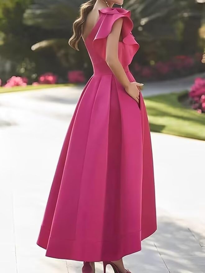 UZN Satin Mother of The Bride Dress One Shoulder Long Formal Wedding Guest Gown with Pockets2