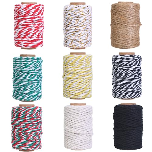 9 Rolls Twine Cotton Colored Bakers Twine 2mm String Ropes for DIY Soft Crafts Gardening Plant Hanger Butchers Embellishments Festive Twine for Gift Wrapping