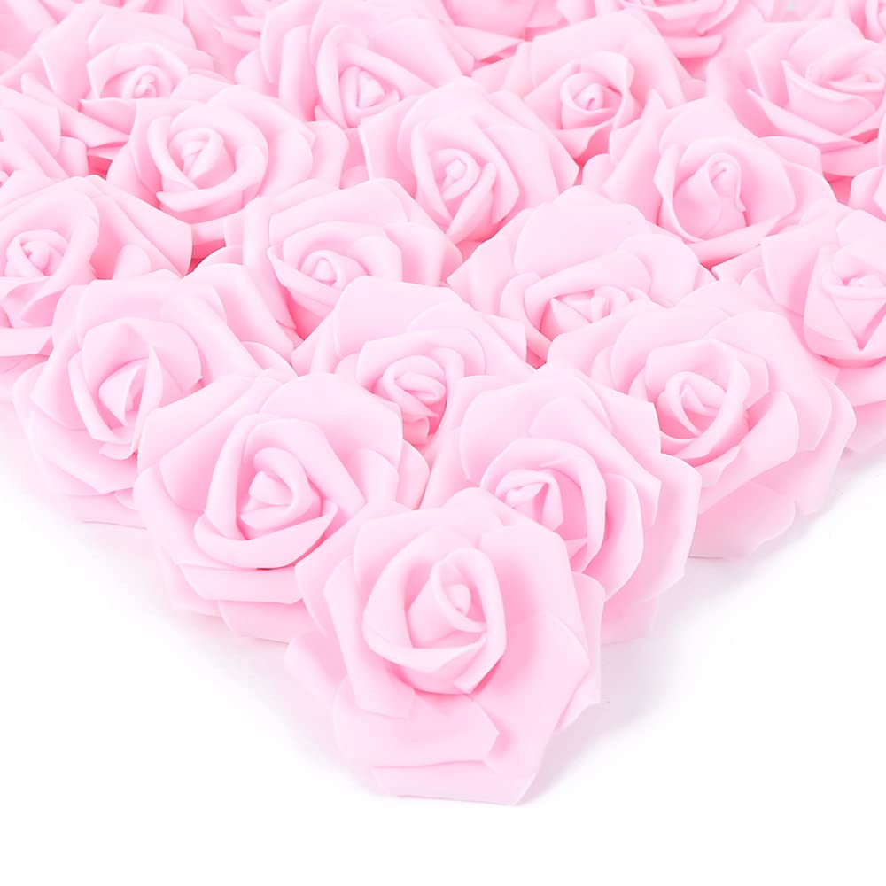 IPOPU 100 rose artificiali in schiuma, dall'aspetto realistico, rosa chiaro, per fai da te, matrimoni, baby shower, centrotavola, feste, decorazioni per la casa (rosa chiaro, senza stelo)