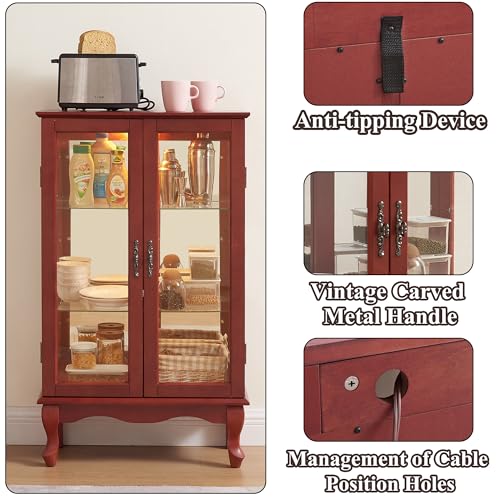 Image of 43 inch H Lighted Curio Cabinet Display Case with Light Bulb, Glass Curio Cabinet with Adjustable Shelves & Tempered Glass Door, Wooden Cabinets w /Mirrored Back Pane for Living Room(Cherry)