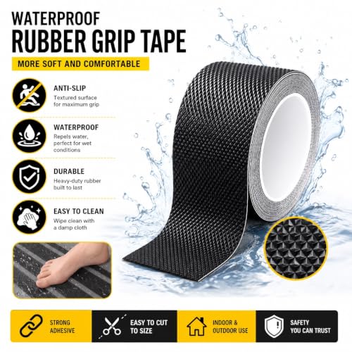 Image of Diamond Texture Rubber Grip Tape for Handles and Surfaces | Anti Skid Adhesive Tape for Heavy Grip on Indoor and Outdoor Stairs, Gadgets, DIY Tools Use-(2In x 16.4Ft), Black