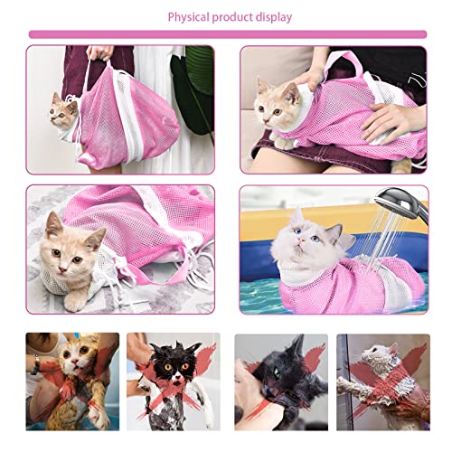 Image of Adjustable Multifunctional Anti-Bite Shower Mesh Bag, Cat Grooming Net, Bath Brush and Cat Nail Clipper (A-Pink)