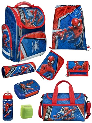 Familando Schulranzen 1. Klasse · ergonomischer Tornister · Schultasche für Jungen und Mädchen (9-teiliges Set mit Sporttasche, Marvel Spiderman)