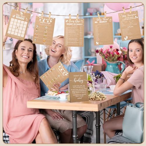 Image of Patelai 321 Pcs Kraft Baby Shower Games for Girl or Boy Set 5 Games Includes Funny Baby Shower Bingo Price Is Right Prediction and Advice Don't Say The Words Word Scramble Gender Neutral