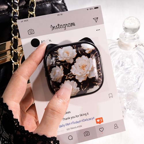 Image of for AirPods 4 Case with Cleaning Kit, Cute Cat Ear Print Design & Cute Buckle, Inverted Phone Holder Design, Top Safe Lock Buckle Design, for Girls AirPods 4 case 2024, Black Peony