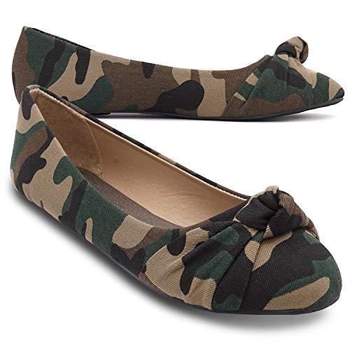 Charles Albert Ballet Flats for Women, Knotted Front Canvas Round Toe Dress Shoe, Camouflage, 9