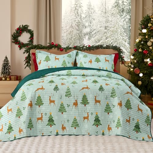 Bedsure Christmas Quilt Bedding - King Size Reversible Quilt with Christmas Tree and Reindeer Pattern, Lightweight Microfiber Bedspread, Soft Coverlet as Festive Decoration (106"x96")
