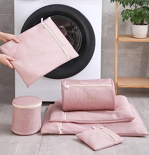 Image of Lukzer 6PC Fine Mesh Laundry Bag for Delicates with Premium Zipper Clothes Travel Storage Organizer Double Layer Thicken Wash Bag for Washing machine (Pink)