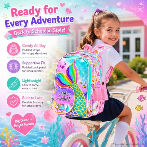 Image of 16 inch Mermaid Backpack for Girls, 3Pcs Kids Fish Tail Backpacks with Lunch Box, School Bookbag for Elementary Preschool Kindergarten(Pink)