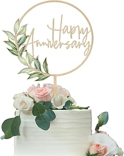 Happy Anniversary Cake Topper – Acrylic Green Leaf Circle Decoration for Wedding, Engagement & Anniversary Cakes – 6 Inch ...