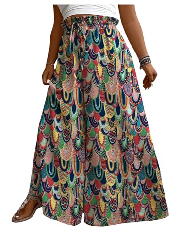 OYOANGLE Women's Plus Size Boho Printed Drawstring Elastic High Waist Palazzo Pants Casual Loose Trousers