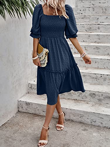 PRETTYGARDEN Women's Summer Casual Dresses 2025 Spring Puff Sleeve Square Neck A-line Flowy Boho Floral Smocked Midi Dress3