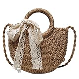 SUPVOX Bolso Bandolera de Paja Natural para Mujer Bolso de Mano Verano Tejido con Cinta de Encaje Color Caqui Estilo Japonés Ligero y Espacioso para Uso Diario