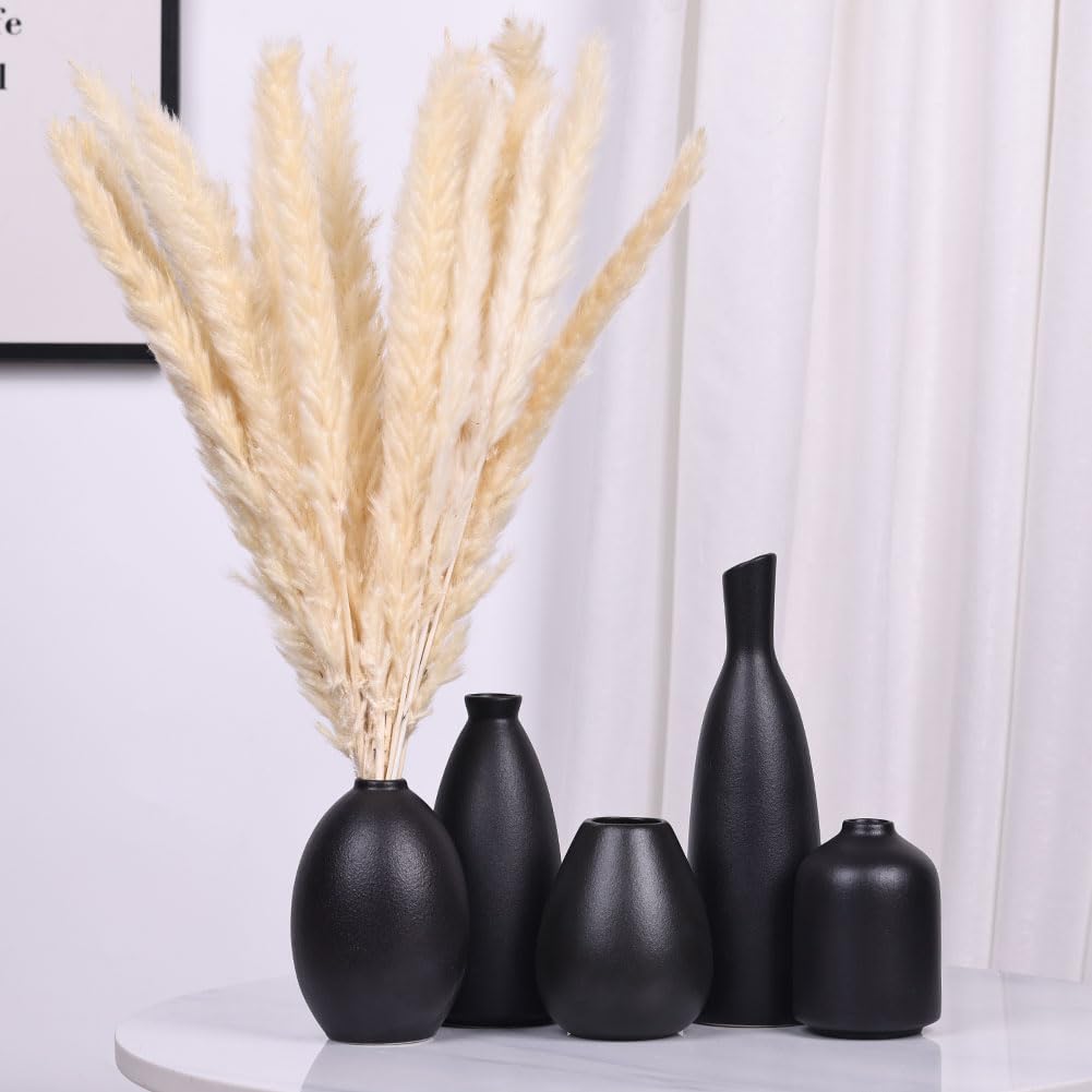 Set di 5 Vasi in Ceramica Nera, Decorazione per Casale, Camino, Mantello e Mensola, per Soggiorno, Ingresso, Bagno, Cucina e Ufficio, Tavolino