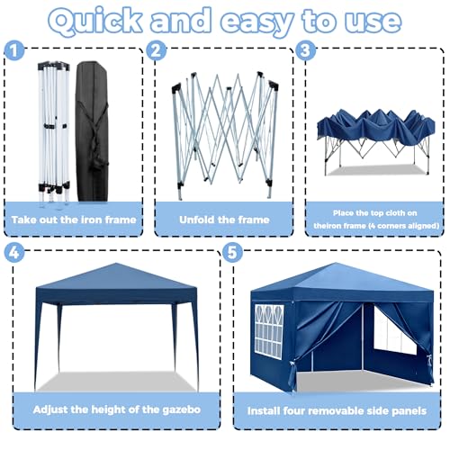 Image of 10X10FT Pop Up Party Tent, Outdoor Heavy Duty Party Tent with 4 Removable Sidewalls and Carrying Bag, Portable Gazebos Shelter Sun Shade for Events, Party, Wedding, BBQ, Backyard, Blue