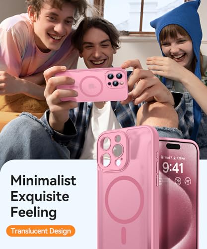 Image of CANSHN Magnetic Compatible with iPhone 15 Pro Max Case, Upgraded [Full Camera Protection] [Compatible with Magsafe] [Translucent Matte] Shockproof Protective Phone Case Cover 6.7 Inch - Pink