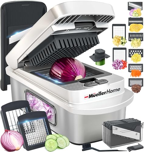 MUELLER HOME Pro-Series 10-in-1, 8 Blade Stainless Steel Multi Vegetable Chopper And Mandoline Slicer, Kitchen Accessories and Essentials, Food and Veggie Chopper, Mincer, Dicer, White Sand/Grey