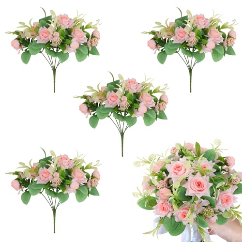 Hobyhoon 4 Bundles Artificial Rose Flowers Bouquets Fake Mini Silk Roses Bush with Foliage 7 flower heads Decor for Wedding Home Office Garden (Pink)