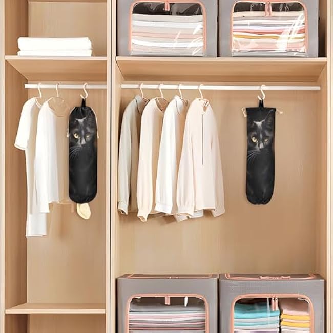 1PC Plastic Bag Holder Black Cat Wall Mount Grocery Bags Hanging Storage Bag Drawstring Organizer for Home Kitchen