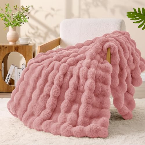 Image of BEDELITE Faux Fur Throw Bubble Blanket for Couch, 60 inch x 80 inch, Dusty Pink | 870GSM Soft Cozy Plush Blanket for Sofa & Bed Living Room Decor, Warm Fuzzy Faux Rabbit Fur for Women Gift, All Season Use