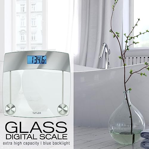 Image of Taylor Digital Scales for Body Weight, Extra High 440 LB Capacity, Unique Blue LCD, Stainless Steel Accents Glass Platform, 12.4 x 12.4 Inches, Clear