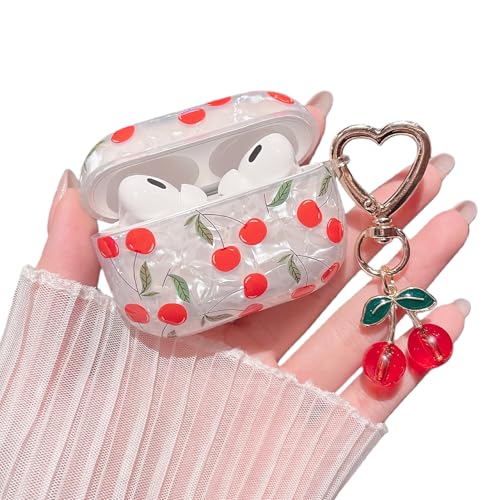 Image of MINSCOSE for AirPods Pro 2nd /1st Generation Case,Cute Glitter Cherry Leaves Pattern Design with Cherry Heart Shaped Keychain,Soft TPU Protective Shockproof Case for Airpods Pro /Pro 2-Red