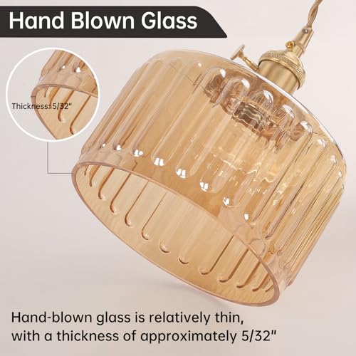 Image of Shenmoyl Plug in Pendant Light Hanging Light Fixture Corded On /Off Switch Brass Pendant Light with Amber Striped Glass Lampshade for Bedroom Living Room Kitchen Island
