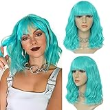 Ariqutba Teal Wig Short Curly Wig With Bangs Elegant Colored Wigs for Women Shoulder Length Synthetic Cosplay Bob Wig for Girls for Women Daily Use Colorful Wigs (14 inch, Teal wig)
