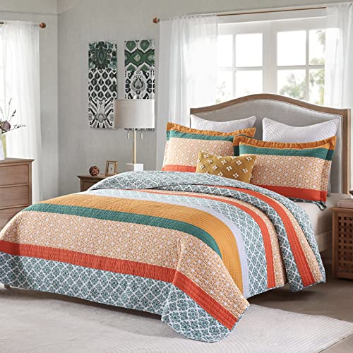 Sahsahcasa Quilt King Size, King Quilt Set, 100% Cotton King Quilt Bedding Set Bedspreads Boho, Bohemian Reversible Lightweight Floral Patchwork Bed Spread For King Bed, Green/Orange, 3Pcs #TOP1