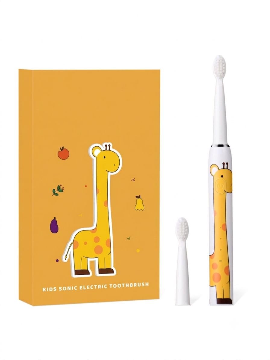 Kids Electric Silicone Toothbrush | Baby Training Toothbrush with Soft Bristles | Gentle Oral Care Brush for Toddlers & Infants | Battery Operated Baby Toothbrush (Yellow – Giraffe Print)-image-44