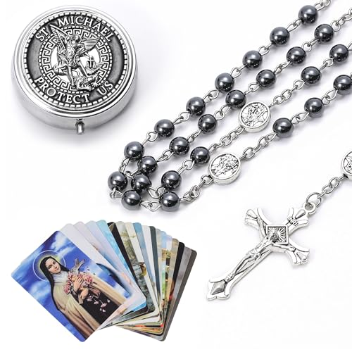 Catholic Rosary Beads for Men with Case and 18PCS Payer Cards, St Michael the Archangel Medal, First Communion Gifts for Boy - Faith Jewelry for Prayer & Spiritual Gifts4
