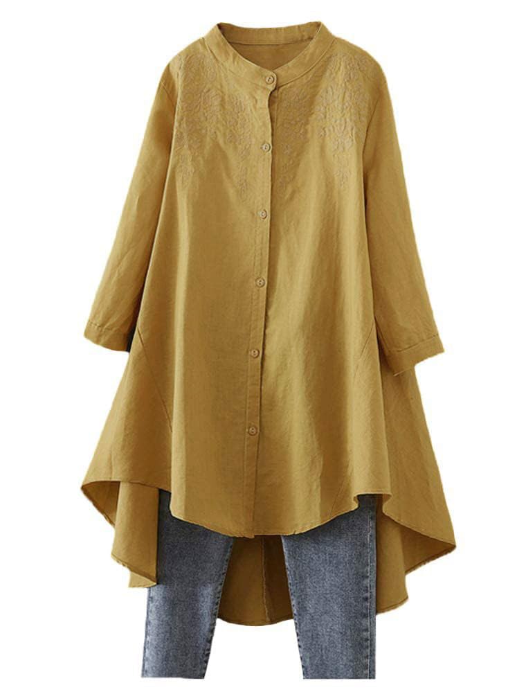MinibeeWomen's Cotton Linen Shirt High Low Button Down Embroidered Blouse Long Sleeve Tunic Tops