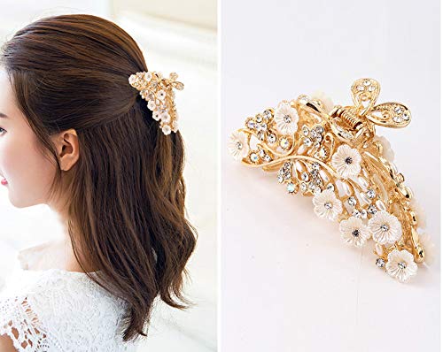 Vintage Metal Rhinestone Fancy Hair Claw Large Size Imitation Pearl Hair Jaw Clips Hair Clasps Accessories For Women Lady (Gold-A#) #TOP2