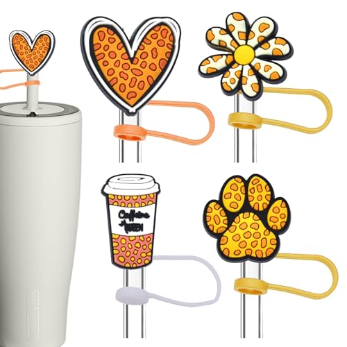 Straw Cover Cap for Stanley Cup 30-40 oz,Straw Toppers for Stanley Tumblers with handle 10mm 0.4in Silicone Straw Covers,Cute Stanley Cup Accessories (Leopard pattern-10mm-4PCS)