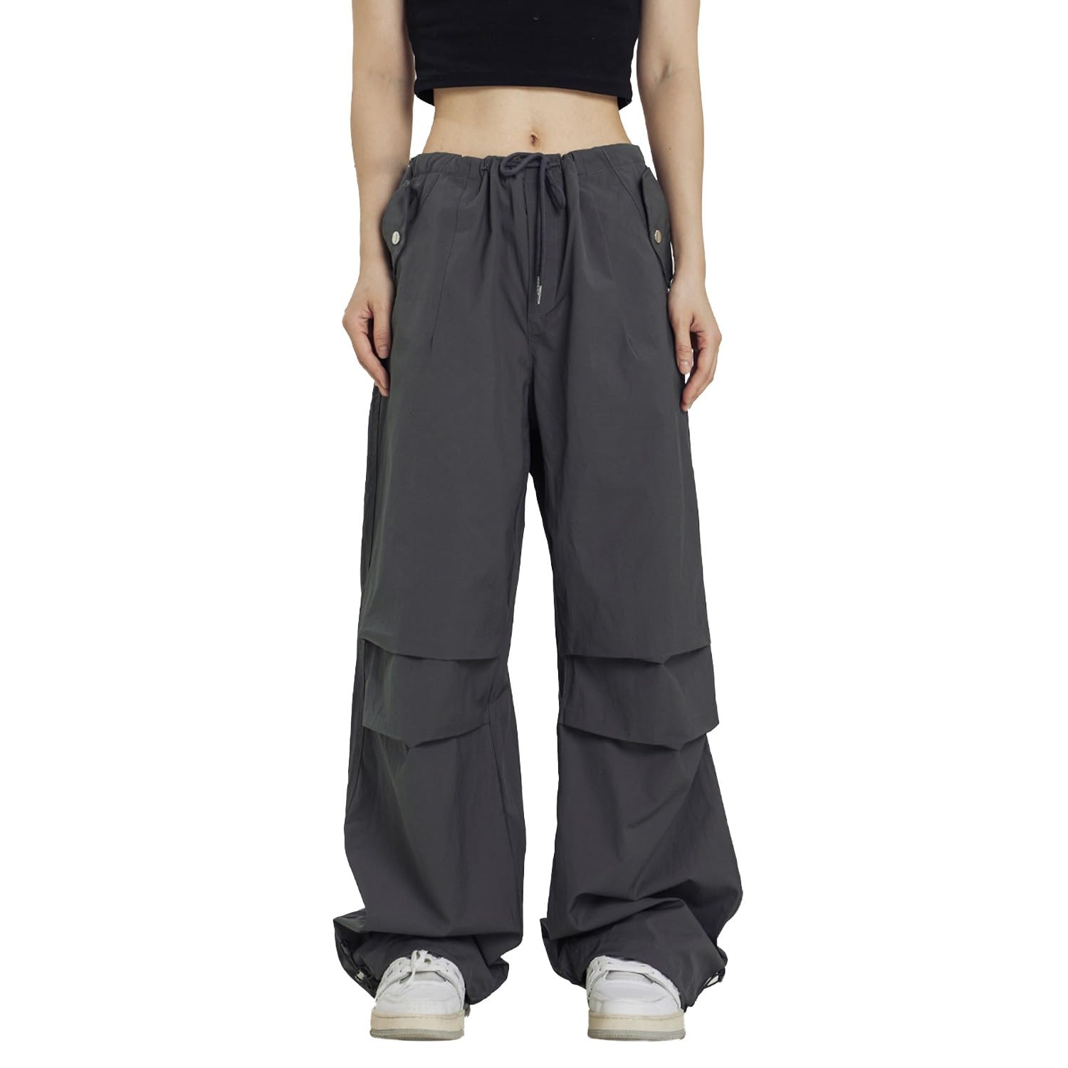 Rolanko Pantalones de paracaídas para niñas, pantalones cargo Y2K con bolsillos, pantalones deportivos Harajuku para niños de 4 a 14 años