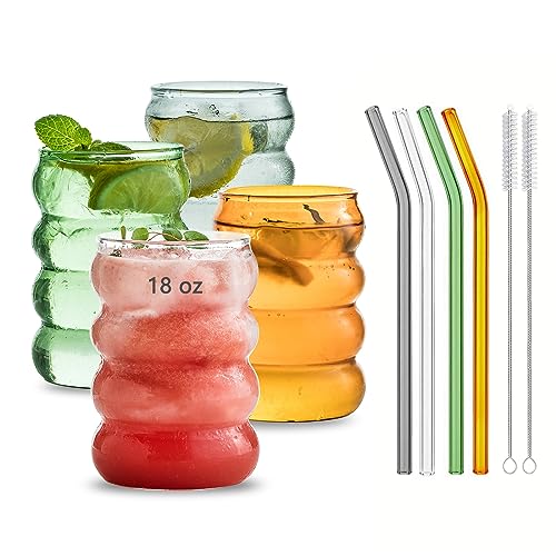 18 oz Colored Glassware Drinking, Creative Glass Cups With Straws of 4 Set, Ribbed Glassware, Can Shaped Glass Cups, For Juice, Water, Drinks, Cocktails, 4 Colors (Green, Amber, Gray and Clear )