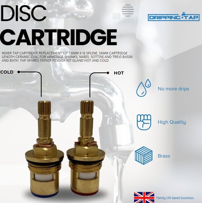 TC50, Mixer Tap Cartridge Replacement 1/2" 7.6mm x 18 Spline, 56mm Cartridge Length Ceramic disc for Armitage Shanks Nabis - Image 2