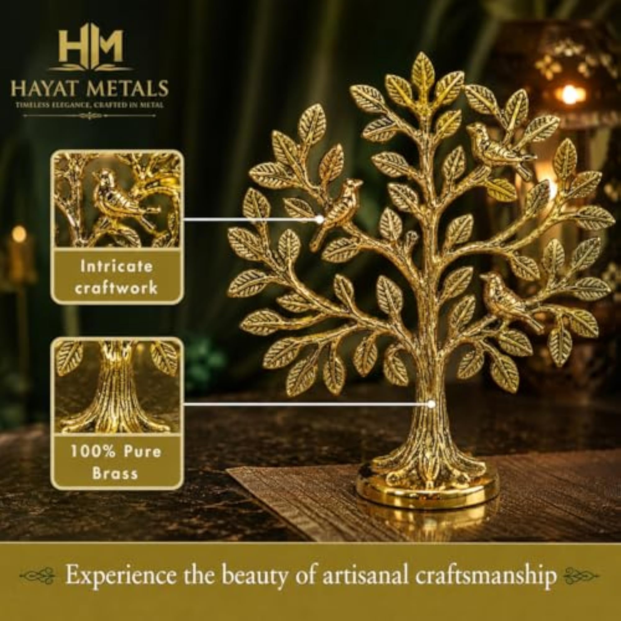Brass Gold Finish Kalpvriksh Tree with 4 Birds for Table Decor